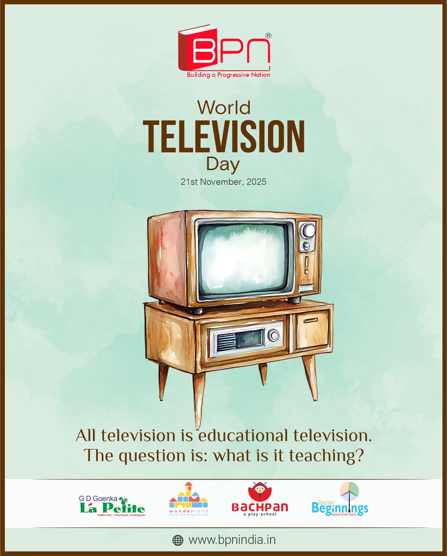 📺✨ Happy World Television Day! ✨📺
From cartoons that make us laugh to stories that make us dream — television has been a window to imagination, learning, and togetherness! 💫
Let’s celebrate the screen that brings smiles, lessons, and moments we love to share ❤️

#WorldTelevisionDay #LearningWithFun #ScreenTimeSmiles #TVTime #HappyHearts #LittleLearners #BPNIndia