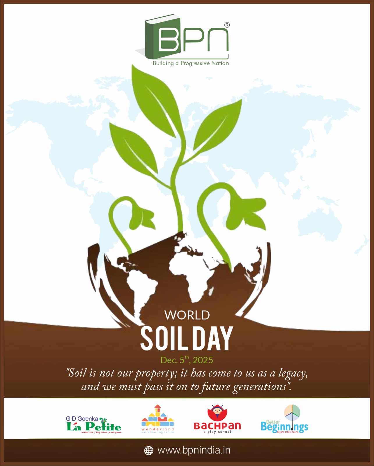 🌱 On World Soil Day, we celebrate the foundation of life beneath our feet.
Healthy soil means healthy food, a healthy planet, and a better future for all.
Let’s nurture the earth that nurtures us. 🤍🌍
#WorldSoilDay #SaveSoil #SoilHealth #SustainableFuture #EcoFriendlyLiving #ProtectOurPlanet #GreenInitiative #bpnindia