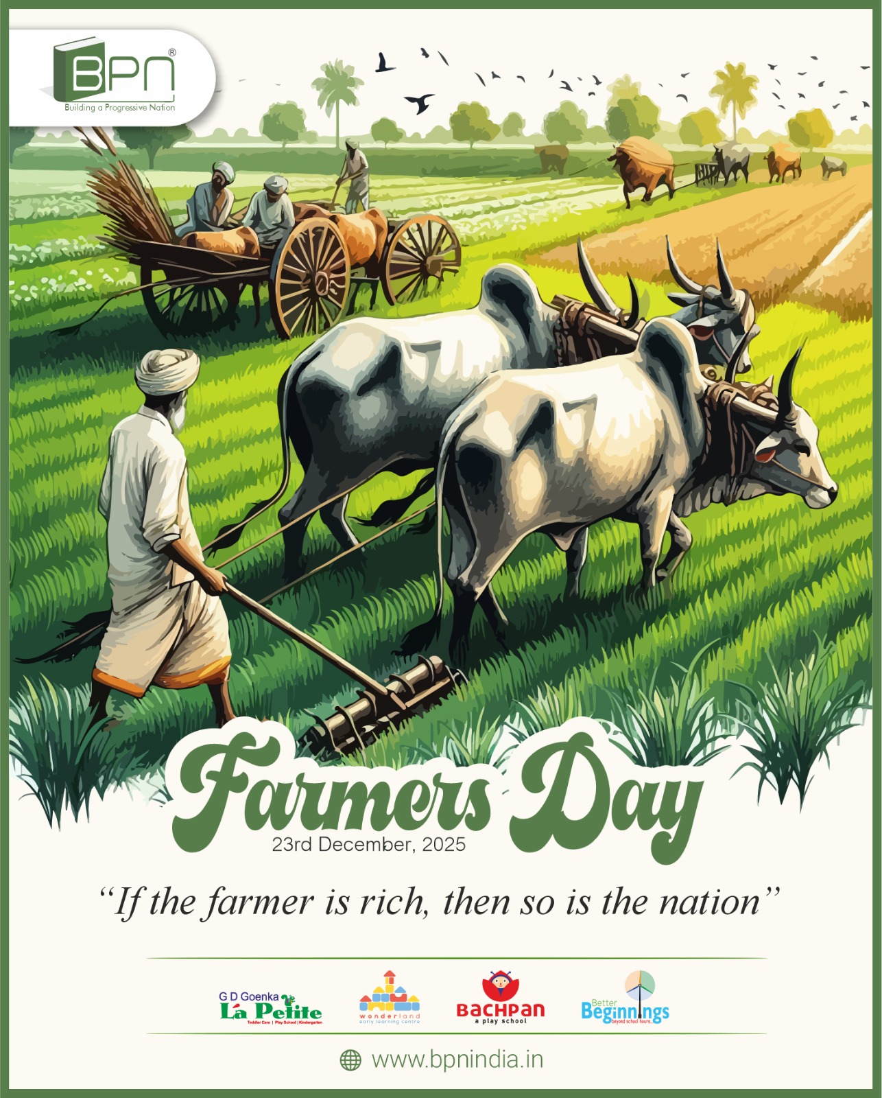 Celebrating the hands that feed our nation 🌾🙏
Our farmers are the true heroes, nurturing the land with dedication and strength.
Happy Farmers’ Day!

#FarmersDay #KisanDiwas #Gratitude #RespectForFarmers #IndiaAgriculture #BPNIndia #bpnindia #FarmersOfIndia #SupportFarmers #NationBuilders