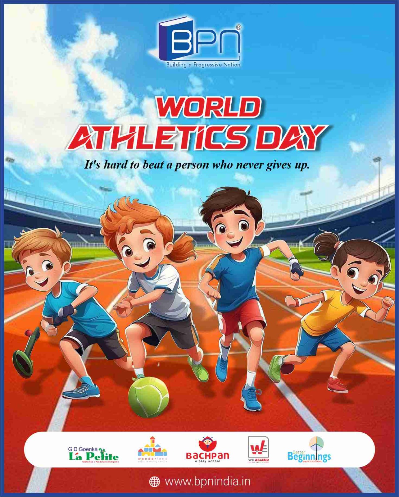 Run, jump, throw—and grow stronger every day! 🏃‍♂️✨
This World Athletics Day, we celebrate the joy of movement, teamwork, and building healthy habits from a young age. 💪🌈

#WorldAthleticsDay #LittleChampions #HealthyKids #ActiveKids #PreschoolActivities #SportsDayFun #FitnessForKids #EarlyLearning #BPNIndia #PlayLearnGrow