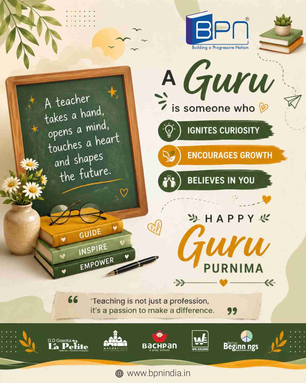 Guru Purnima

On this sacred occasion, we express our heartfelt gratitude to all the teachers, mentors, and guides who inspire us with wisdom, knowledge, and values.

A true Guru lights the path of learning and empowers us to grow with confidence and purpose.

Wishing everyone a blessed and meaningful Guru Purnima!

#GuruPurnima #HappyGuruPurnima #Teachers #Mentors #Wisdom #Learning #Gratitude #BPNIndia