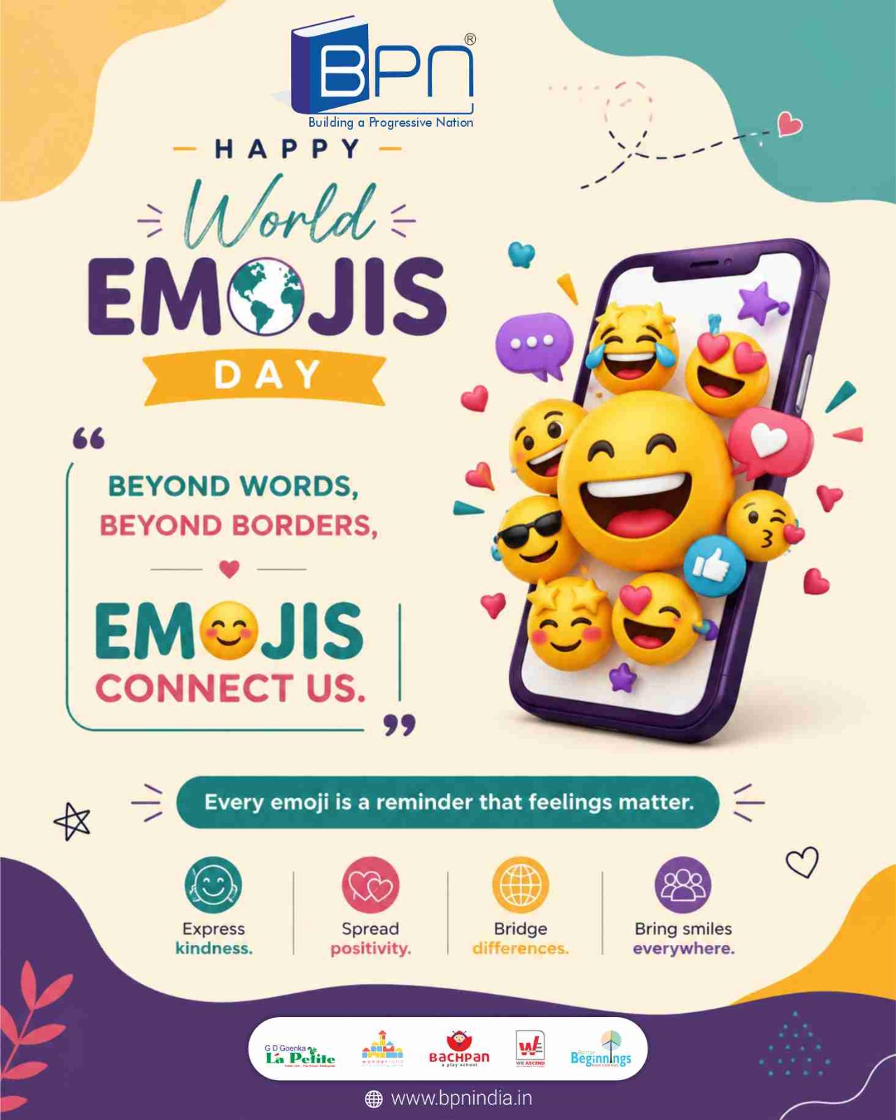 Happy World Emoji Day😄🎉

Sometimes, a single emoji says more than words ever could! Today, let's celebrate the tiny symbols that help us express joy, love, laughter, and every emotion in between.

Tell us in the comments—what's your most-used emoji? 👇

#WorldEmojiDay #EmojiDay #ExpressYourself #Smile #DigitalCommunication #Fun #BPNIndia
