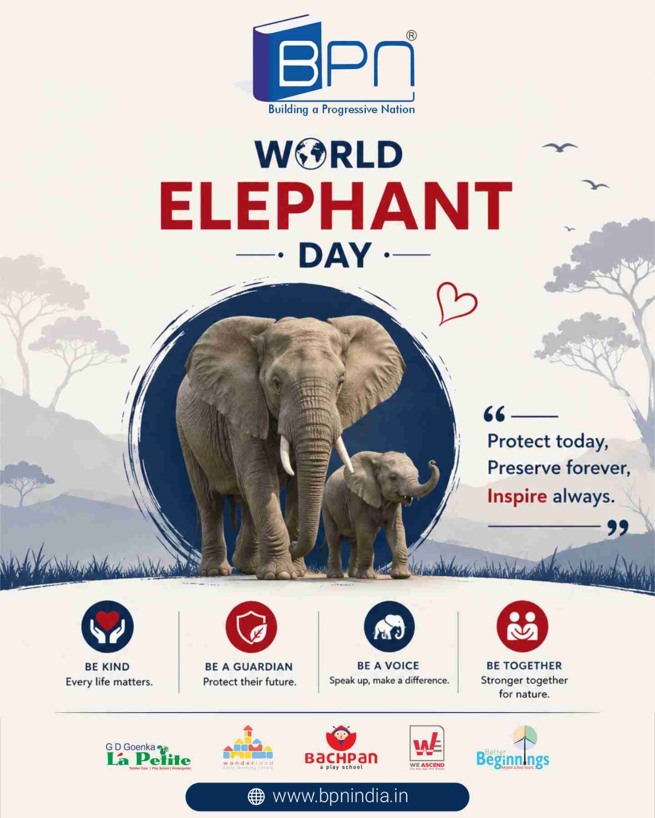 Big ears, gentle hearts, and lots of love! 🐘

This World Elephant Day, let’s teach our little explorers to love, protect, and care for these amazing gentle giants! 🌿

#WorldElephantDay #SaveElephants #ElephantLove #LittleExplorers #LoveNature #ProtectWildlife #BPNIndia