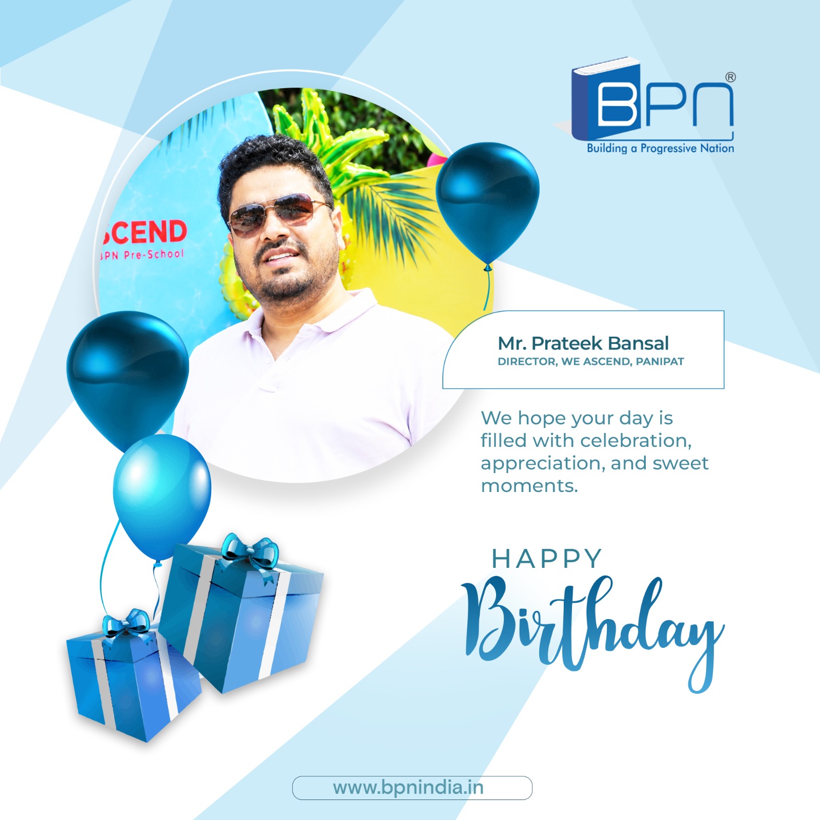Happy Birthday, Mr. Prateek Bansal! 🎉✨
Wishing you a day full of smiles, laughter, and beautiful memories that last a lifetime. May this year bring you exciting adventures, unstoppable growth, and endless reasons to celebrate! 💫💐

#HappyBirthday #JoyfulVibes #CelebrateLife #BPNIndia
